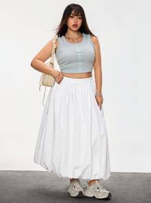 SHEIN ICON 大码女式灰蓝色水洗牛仔中长泡泡裙，春夏泡泡裙 - 淺藍色 - 查看 5