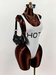 Amplova 女式字母印花露背紧身性感连体衣 - 白色 - 查看 2