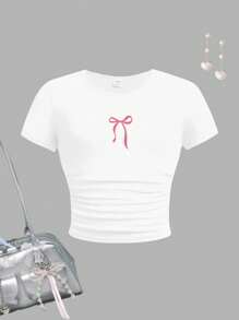 SHEIN Leap Crew Tween Girls' Fitted Casual Solid Color Crew Neck Ruched Short Sleeve T-Shirt, Suitable For Summer - Multicolor - View 3