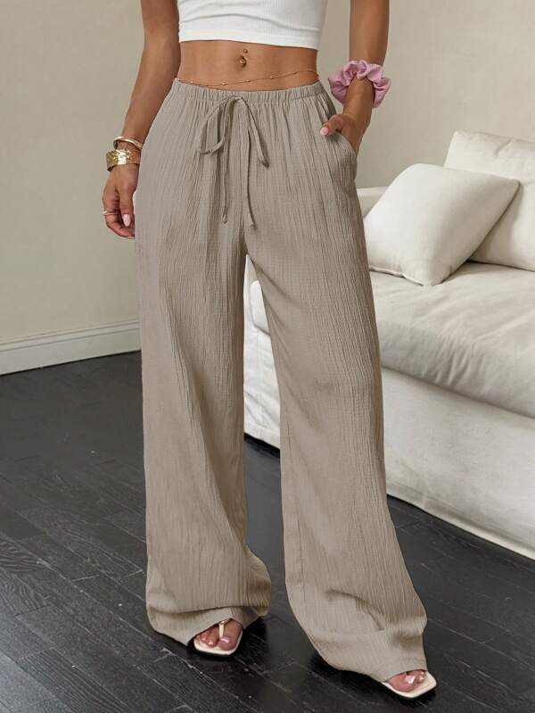 SHEIN PETITE Women's Solid Color Pocket Drawstring Loose Wide Leg Pants