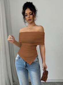 Selianne 1 件女士优雅露肩大翻领褶边修身 T 恤，春夏 - 棕色 - 查看 3