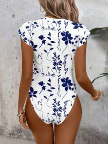 SHEIN LUNE Women Casual Floral & Branch Print Bodysuit, Suitable For Spring And Summer