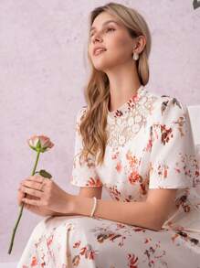 Omancia 秋季女士花卉蕾丝拼布高领优雅浪漫连衣裙，适合外出、花园茶会、返校、感恩节、教师装