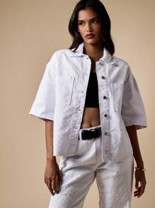 MISSGUIDED 牛仔夏季超大号纽扣衬衫夹克棉质纹理短款宽松领口节日度假装