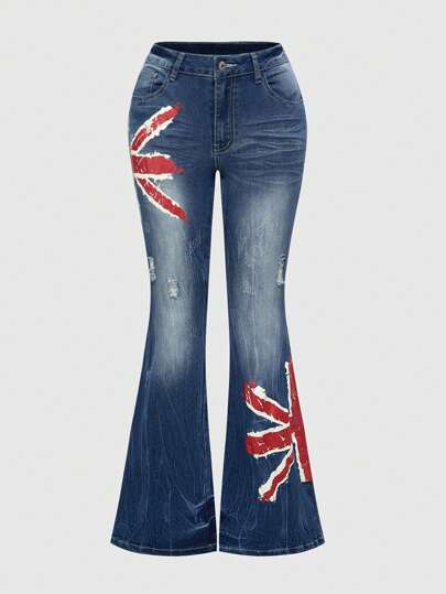 J-Fashion Vintage Y2K Patriotic Flag Print Low Rise Skinny Flare Jeans