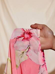 Becci Pink Floral Printed Chiffon Mid-Waist Ruched Ruffled Split Maxi Skirt Women Elegant Skirt