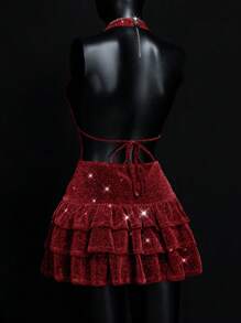 SHEIN ICON Silver Graduation Summer Party Backless Deep V Halter Back Cut-Out Metallic Ruffled Hem Mini Dress