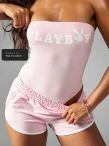 Missguided x Playboy Stretchy Bandeau Bodysuit With Matching Athletic Shorts Summer Exercise Dance Workout One Piece - Baby Pink - View 7