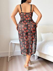 SHEIN Plus Size 2Pcs Set Lace Contrast Mesh Lingerie Dress With Underwire - Multicolor - View 2