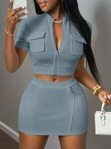 Slaydiva New Spring And Summer Casual Street Simple Small Stand-Up Collar Three-Dimensional Pocket Decoration Wide Short-Sleeved Zipper Top + Hip Mini Mini Skirt White Pit Rib Women's Two Pieces Set-B - Blue - View 5