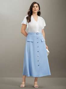 Flouryn تنورة أنيقة مزينة بأزرار على شكل خط A لحجم كبير للنساء (مع حزام الخصر) ملابس نسائية للصيف والعطلات للنساء ذوات المنحنيات، ملابس زفاف من شاين كيرف - الأزرق - مشاهدة 3