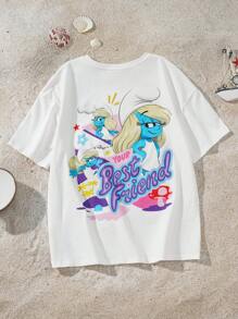 The Smurfs X SHEIN Tween Girl Cartoon Smurfette Graphic White Casual Versatile Short Sleeve T-Shirt - White - View 1