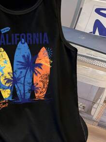 SHEIN 青少年男孩休闲简约针织面料简约时尚经典加州城市名称、棕榈树、3 图形冲浪板印花无袖背心，适合夏季、海滩、度假、户外运动 - 黑色 - 查看 5