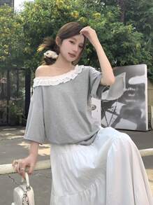 DAZY Maglietta a maniche corte stile coreano, con spalline asimmetriche arricciate, taglio largo, estiva, da donna