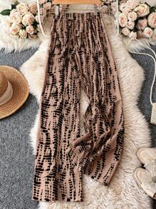 SHEIN Tall Quần dài nữ in họa tiết rộng rãi thắt nơ dây rút thanh lịch đi nghỉ mát & thường ngày - màu nâu - Xem 2