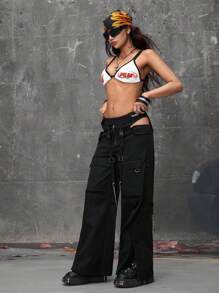 ROMWE Grunge Punk Y3K 功能风格侧金属扣金属链工装裤 - 黑色 - 查看 11