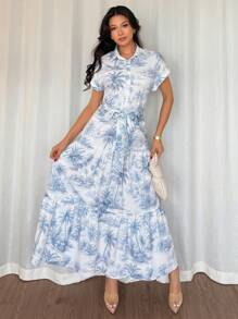 Breezaya 女式白色底蓝色花卉印花系带荷叶边下摆短袖长裙 - 藍色 - 查看 5