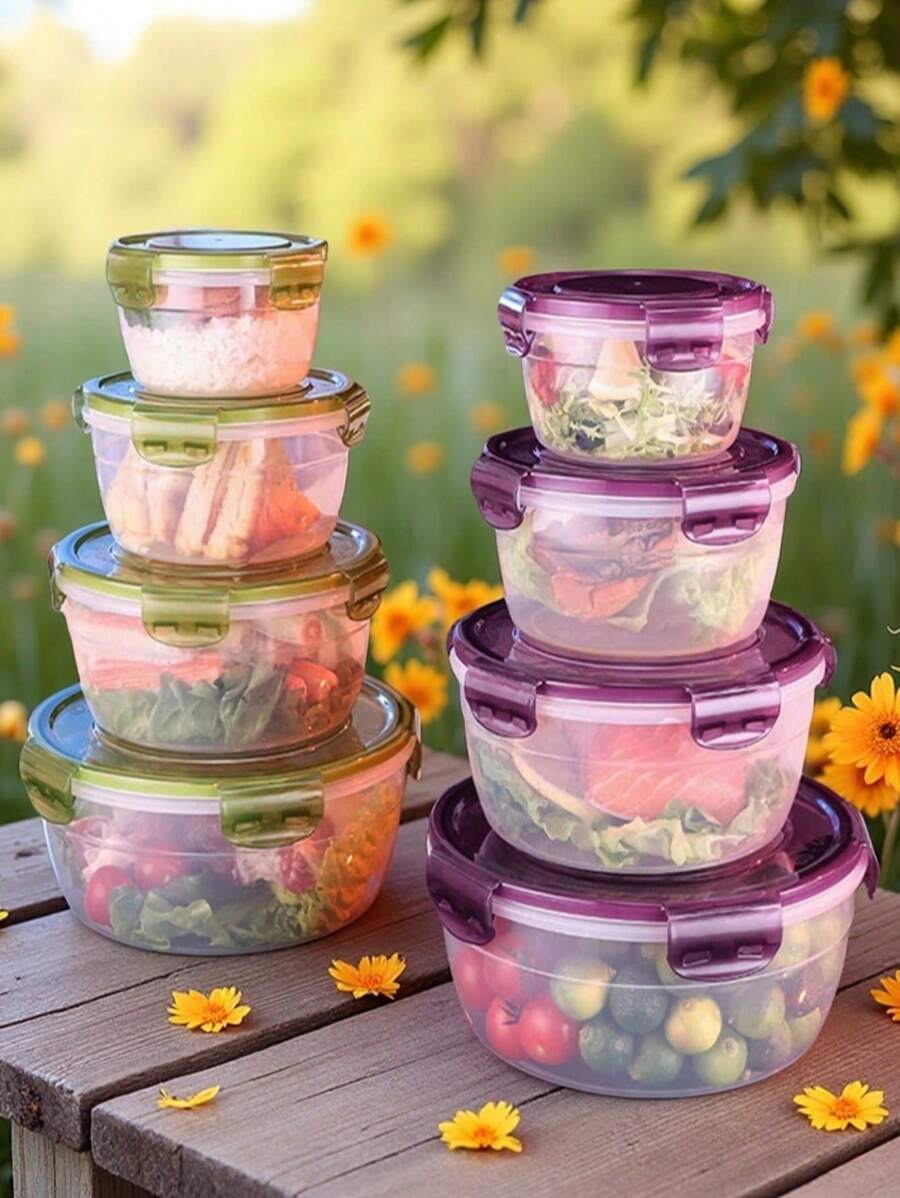 SHEIN Purple And Green Transparent Airtight Food Storage Containers, Round Fresh-Keeping Containers With Lids, Best Food Containers To Keep Food Fresh, Plastic Mixing Bowls, Stackable Leakproof Reusable Kitchen Storage Containers, Microwave, Freezer And Dishwasher Friendly, Suitable For Storing Parsley, Fruits, Bread, Eggs And More.