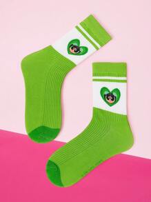 THE POWERPUFF GIRLS X SHEIN Fashion Cute Crew Socks With Buttercup Pattern - Green - View 3