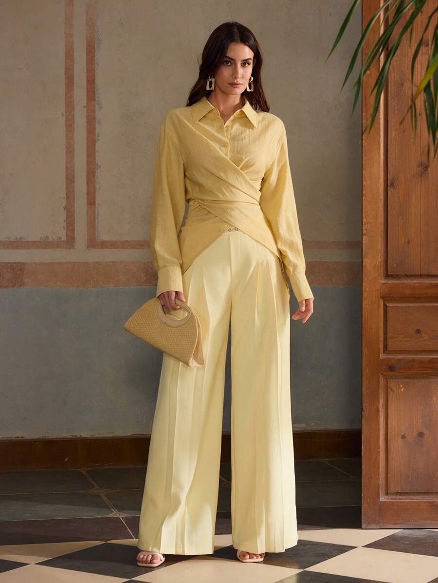 ZEYLAH 亚麻衬衫领长袖两用重叠衬衫 - 黃色 - 查看 1