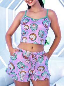 Rick and Morty X SHEIN Set da donna casual per l'estate composto da canottiera corta con stampa a cartoni animati e dettagli a contrasto, abbinato a pantaloncini larghi con coulisse in vita e tasche laterali - Multicolore - Visualizzare 1