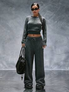 RueChic Set di maglione lavorato a maglia grigio e pantaloni a vita alta con dettaglio di laccio sul retro per donna, coordinato, abbigliamento invernale, autunnale - Grigio - Visualizzare 1