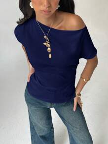 Aloruh 女士不对称领纯色蝙蝠袖短袖时尚衬衫，夏季 - 藏蓝色 - 查看 3