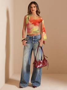 SHEIN BAE Vacation Beach/Asymmetric Shoulder Tie Top For Women/Cute Top/Cream Yellow/Graphic T-Shirt/Island Resort Blouse/Vacation Wear Suitable For Going Out - Yellow - View 1