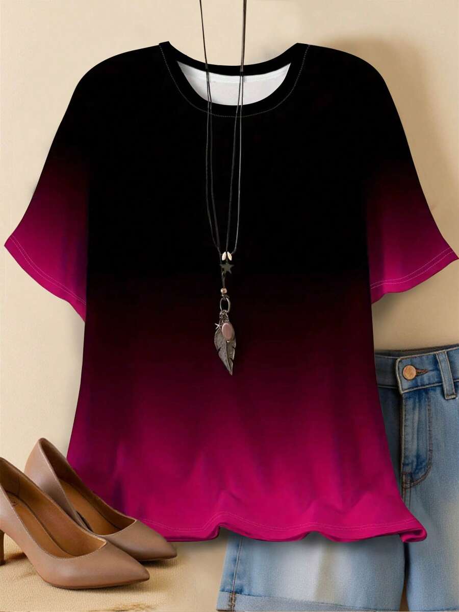 SHEIN Große Größen Elegantes Farbverlauf-Muster T-Shirt für Damen - weich, kurzärmliger Rundhalsausschnitt, Farbverlauf von Rot zu Schwarz, Sommer Lässig Wear, vielseitiges T-Shirt, Farbverlauf-Design, bequem