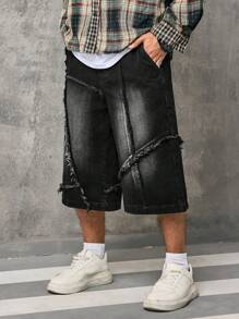 Manfinity EMRG 男士口袋破洞阔腿宽松休闲牛仔短裤男士街头潮流牛仔裤外出都市休闲街头度假 - 黑色 - 查看 4