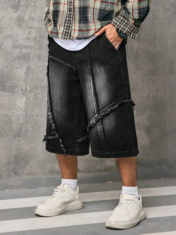 Manfinity EMRG Men's Pocketed Distressed Wide Leg Loose Casual Denim Shorts Men Streetwear Jeans Going Out Urban Hang Out Street Vacation - Black - View 4