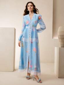 Anewsta 女式花卉印花蕾丝拼布灯笼袖雪纺中长连衣裙，春夏度假风格 - 藍色 - 查看 4