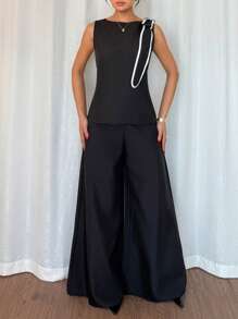 Elenzga Casual Street Style Bow Decor Pocket O-Neck Sleeveless 2 Pieces Set - Black - View 5
