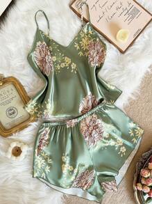 LuxeNights 2pcs Women Sexy Deep-V Print Camisole And Shorts Set, Elegant Satin Outfit, Suitable For All Seasons