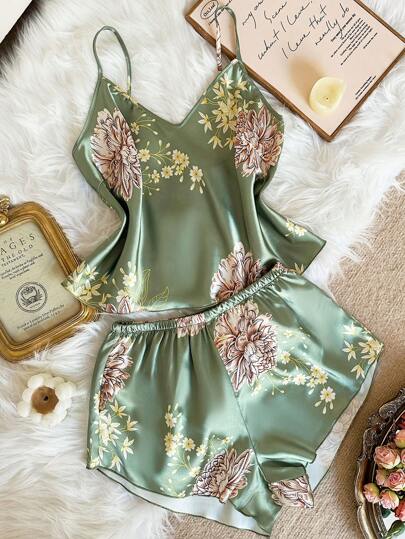 LuxeNights 2pcs Women Sexy Deep-V Print Camisole And Shorts Set, Elegant Satin Outfit, Suitable For All Seasons