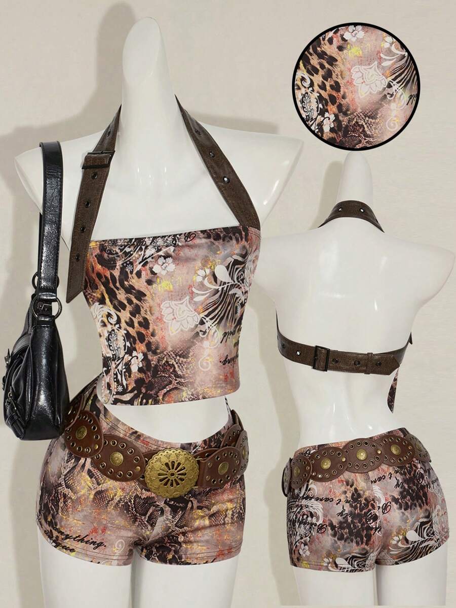 SHEIN ICON مجموعة قطعتين للنساء تتكون من توب قصير ظهر مكشوف مطبوع بنقشة الحيوان وشورت قصير جدًا, ملائمة وخصر منخفض, ملابس دراجة نارية - متعدد الألوان - مشاهدة 1