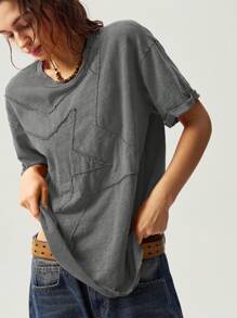 Bohemela 女士纯色针织圆领短袖宽松水洗星星图案T恤，夏季 - 灰色 - 查看 1