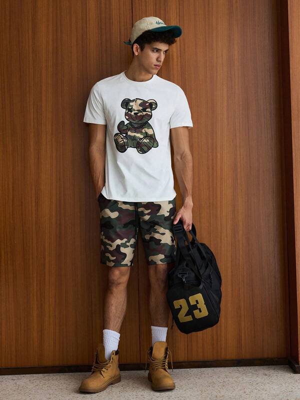 SWAVVY Men's Camouflage Bear Printed Short Sleeve Anime T-Shirt And Shorts Set