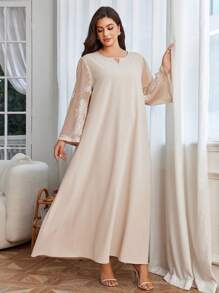 Lacomfia Plus Size Loose Arabic Embroidered Dress - Apricot - View 5