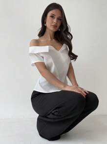 Firerie Women White Off-Shoulder Asymmetrical Hem Short Sleeve Blouse Top, Casual Commuter Shirt, Work, Spring/Summer Apparel, Commute, Elegant, Teacher's Day, Work - White - View 7