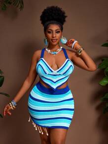 Slaydiva 1 set Femme grande taille Top en crochet style bohème et mini-jupe à franges tricotée