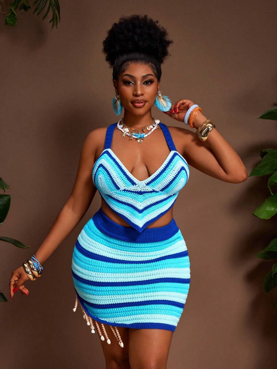 Slaydiva 1 set Femme grande taille Top en crochet style bohème et mini-jupe à franges tricotée