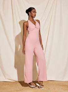 CHAIMA Summer Pastel Pink Halter V Neck Backless Wide-Leg Jumpsuit Women Elegant Casual Wedding Party - Pink - View 4