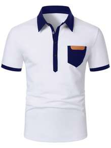Manfinity Mode Men's Contrast Color Block Collar Half-Zip Casual Polo Shirt, Summer