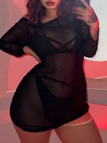 DAZY Sheer Mesh One Shoulder Long Sleeve Lingerie - Black - View 3