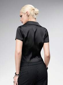ROMWE Goth Áo sơ mi cổ chữ V ôm vừa vặn bằng vải satin acetate phong cách Siren hiện đại cho văn phòng đô thị - màu đen - Xem 3