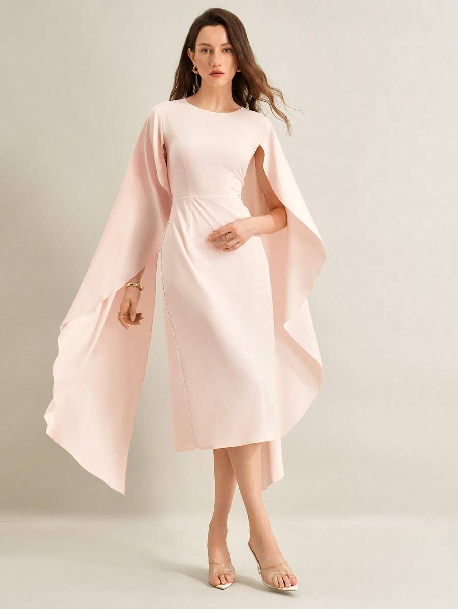 SHEIN Clasi Women's Elegant Cloak Sleeve Solid Color Long Dress With Slit Hem And Waist Strap Fall Cloth For Women