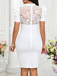 SHEIN Lady 夏季泡泡袖蕾丝拼接小立领连衣裙女式中长连衣裙女士夏季连衣裙婚礼宾客连衣裙女士连衣裙女士优雅生日连衣裙女士白色连衣裙 - 白色 - 查看 2