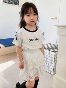 DAZY Set de 2 piezas de blusa de manga corta con estampado y cuello redondo + falda de tul con encaje, conjunto de ropa de verano para niñas
