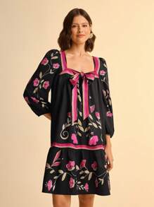 CAJUNI Vestido de vacaciones holgado con cuello cuadrado, mangas abultadas, fruncido, estilo tropical floral y degradado con lazo delantero, de estilo bohemio para campo y resort con tirantes finos - Multicolor - Ver 1